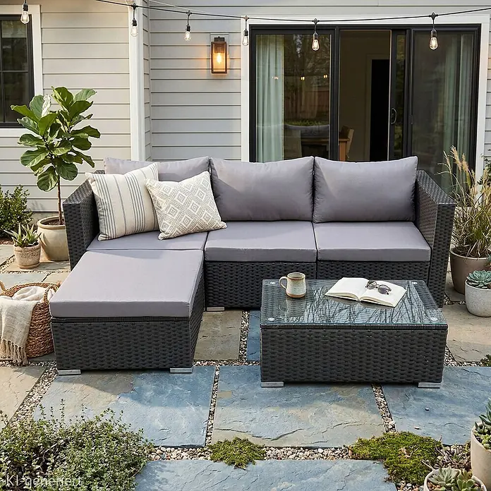 SVITA Loungemöbel-Set QUEENS - 5 -tlg., Schwarz - Dunkelgraues Outdoor-Ecksofa aus geflochtenem Rattan mit hellgrauen Kissen und passendem Couchtisch mit Glasplatte auf einer Terrasse.