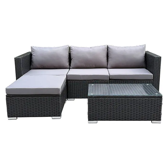 SVITA Loungemöbel-Set QUEENS - 5 -tlg., Schwarz - Dunkelgraues Rattan-Gartenset, L-förmig, mit hellgrauen Kissen, Ottomane und Glas-Couchtisch.
