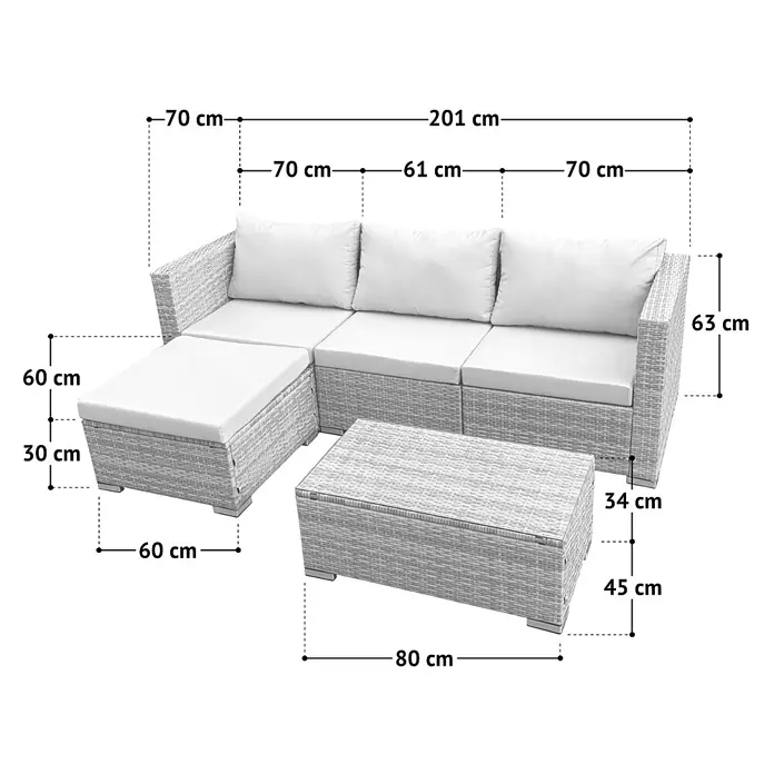 SVITA Loungemöbel-Set QUEENS - 5 -tlg., Beige - Hellgraues Rattan-Ecksofa für den Außenbereich mit weißen Kissen und passendem Couchtisch.