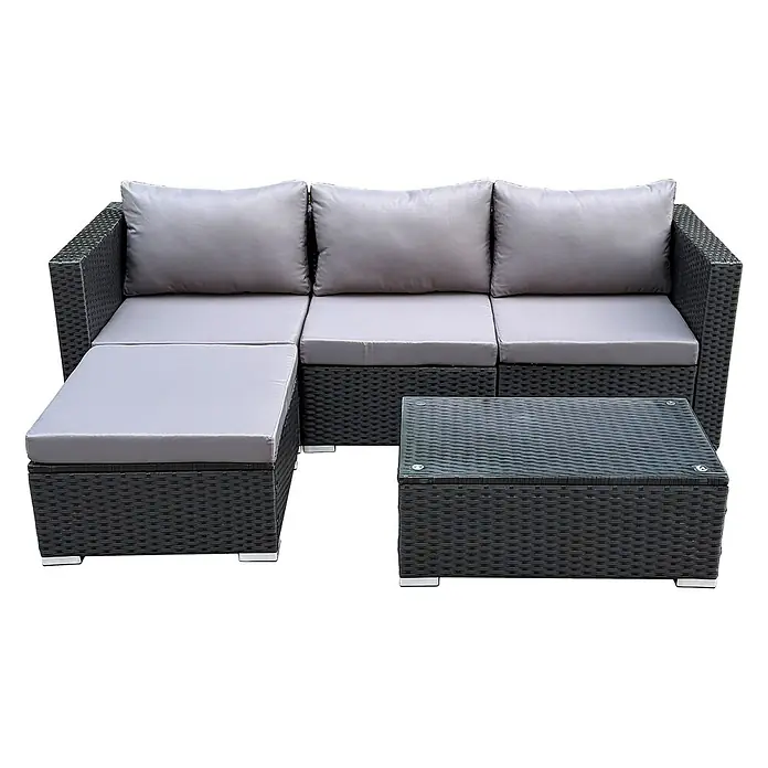 SVITA Loungemöbel-Set QUEENS - 5 -tlg., Schwarz - Dunkelbraunes Rattan-Gartensofa-Set mit grauen Kissen und passendem Couchtisch.