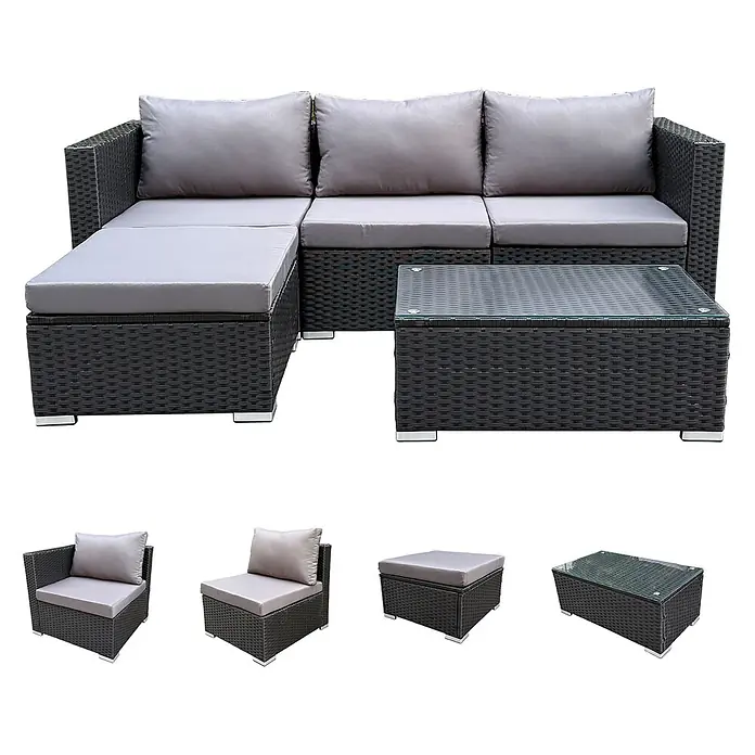SVITA Loungemöbel-Set QUEENS - 5 -tlg., Schwarz - Dunkelgraue Rattan-Modular-Gartenlounge mit hellen Kissen und passendem Couchtisch mit Glasplatte.