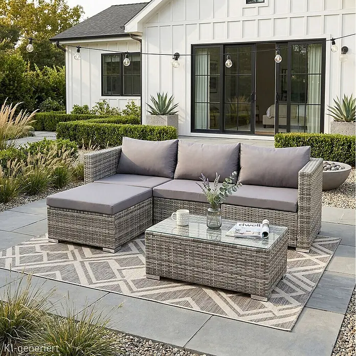SVITA Loungemöbel-Set QUEENS - 5 -tlg., Grau - Graues Rattan-Gartenecksofa mit grauen Kissen und passendem Couchtisch mit Glasplatte auf einem Terrassenteppich, perfekt für den Außenbereich.