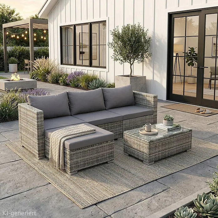 SVITA Loungemöbel-Set QUEENS - 5 -tlg., Grau - Graues Rattan-Sofa für den Außenbereich mit grauen Polstern und passendem Couchtisch auf einem Terrassenteppich, ideal zum Entspannen.