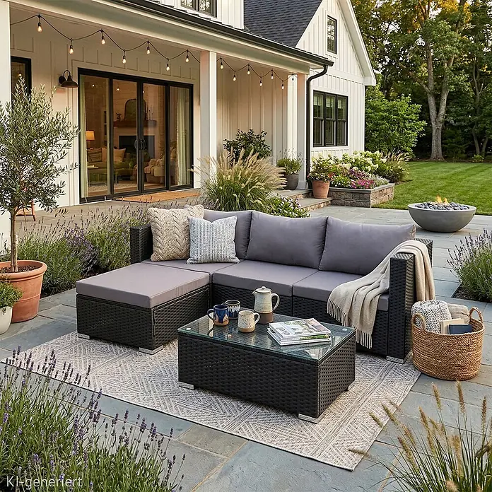 SVITA Loungemöbel-Set QUEENS - 5 -tlg., Schwarz - Schwarzes Rattan-Outdoor-Sofa-Set mit grauen Kissen und Glastisch auf einer Terrasse.