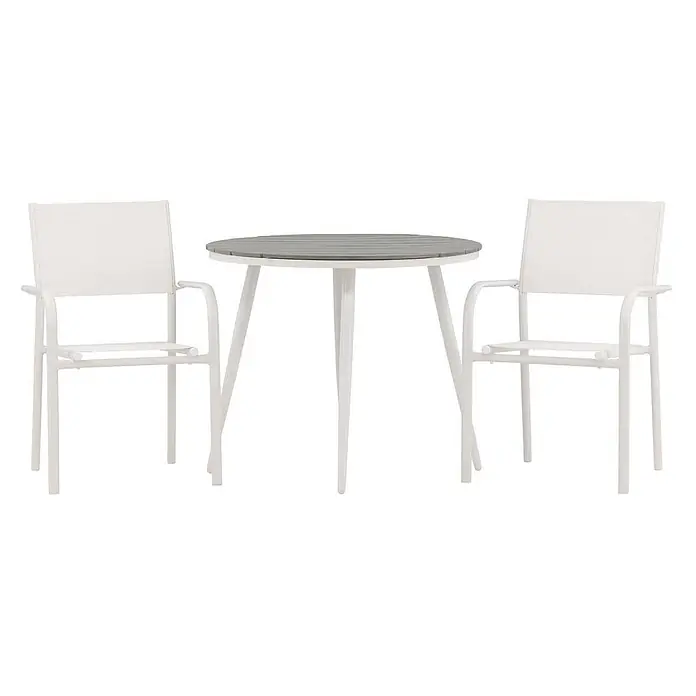 Ebuy24 Gartentisch-Set Break - Gesamtumfang: 3 -tlg., L x B x H: 90 x 90 x 74 cm, Ø x H: 90 x 74 cm, Textil Nonwood, Stapelbar - Weißes Bistroset mit grauem, lamelliertem, runden Tisch und zwei Stühlen.
