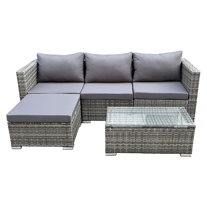 SVITA Loungemöbel-Set QUEENS - 5 -tlg., Grau - Graues Rattan L-förmiges Gartensofa mit grauen Kissen und passendem Rattan-Couchtisch mit Glasplatte.