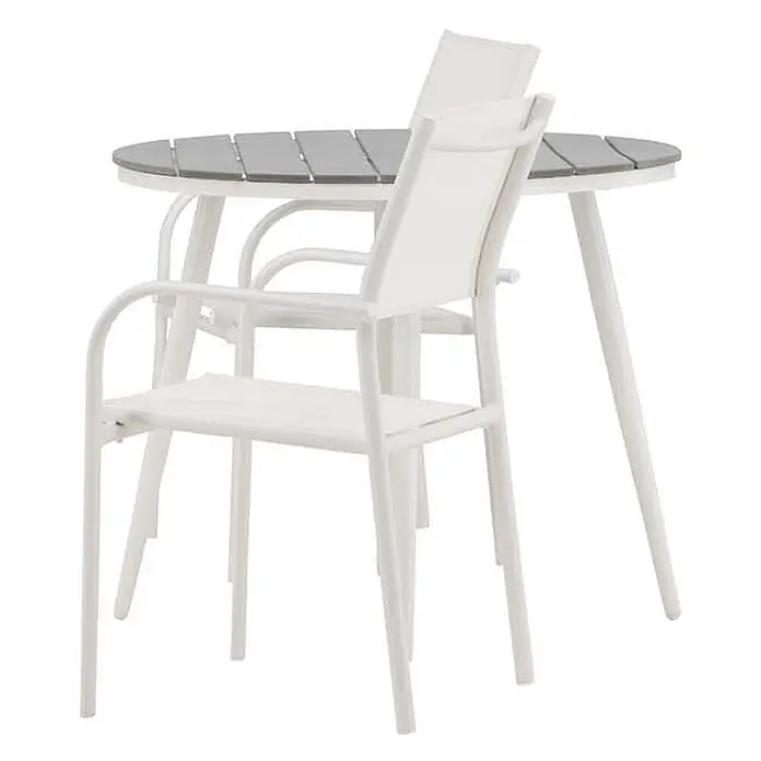 Ebuy24 Gartentisch-Set Break - Gesamtumfang: 3 -tlg., L x B x H: 90 x 90 x 74 cm, Ø x H: 90 x 74 cm, Textil Nonwood, Stapelbar - Weißes Gartentisch-Set mit grauer Latten-Tischplatte und zwei passenden Stühlen.
