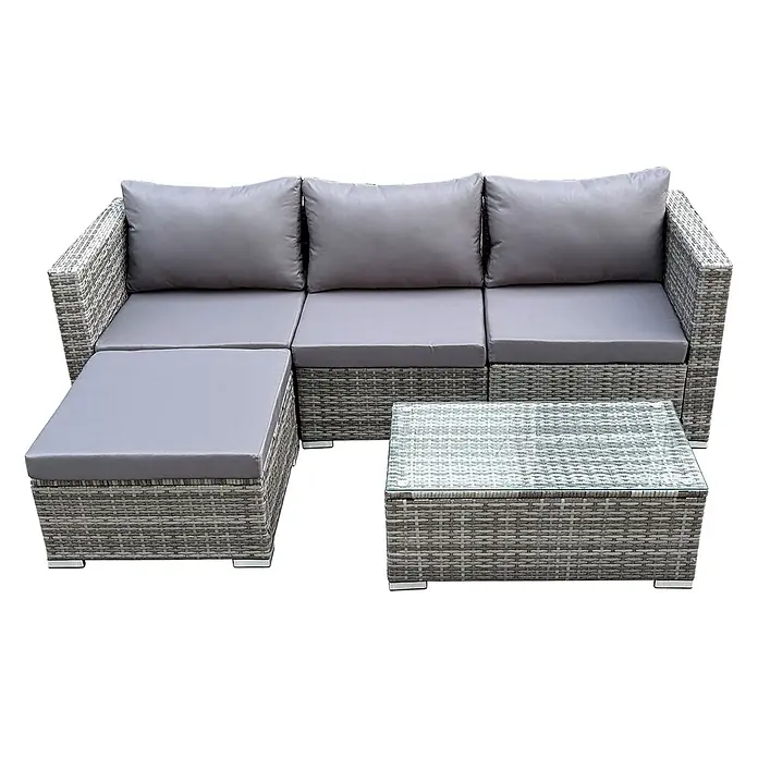 SVITA Loungemöbel-Set QUEENS - 5 -tlg., Grau - Graues Rattan-Gartensofa (L-Form) mit Kissen und Couchtisch mit Glasplatte.