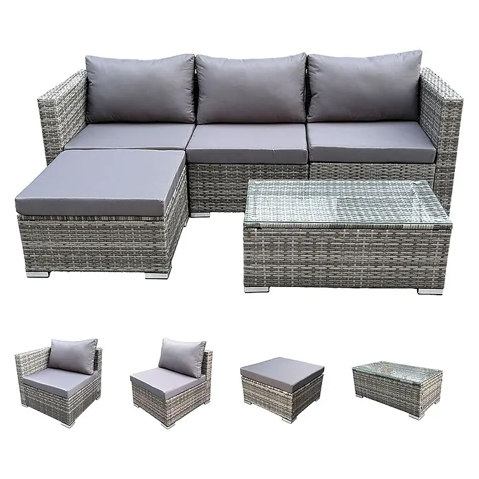 SVITA Loungemöbel-Set QUEENS - 5 -tlg., Grau - Modulares Rattan-Gartensofa-Set mit grauen Kissen und einem Couchtisch mit Glasplatte.