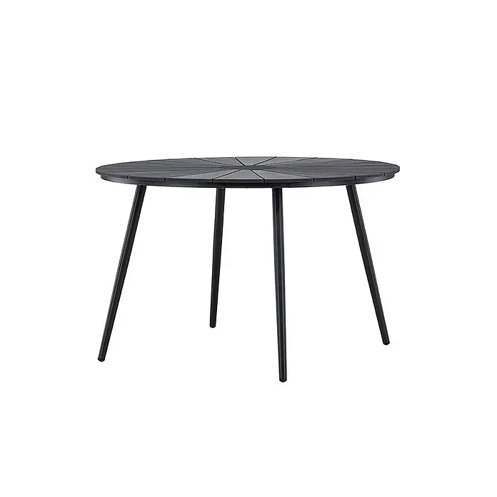 Ebuy24 Gartentisch rund San Vito - Ø x H: 120 x 74 cm, AluminiumSperrholz, Schwarz, Stapelbar - Runder dunkelgrauer Gartentisch mit Lamellenplatte und vier Beinen.