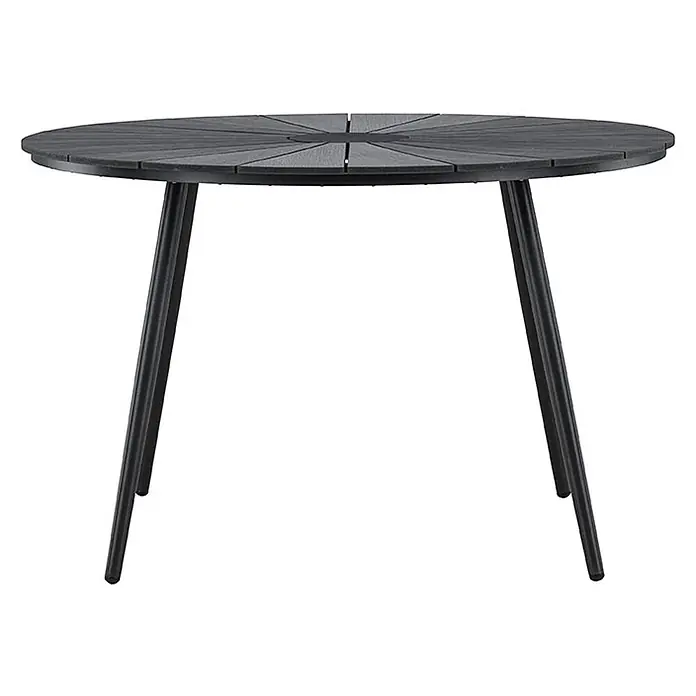 Ebuy24 Gartentisch rund San Vito - Ø x H: 120 x 74 cm, AluminiumSperrholz, Schwarz, Stapelbar - Dunkelgrauer, runder Gartentisch mit Lattenrostplatte und schwarzen Beinen.