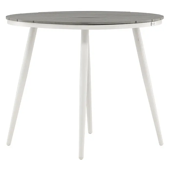 Ebuy24 Gartentisch rund Break - Ø x H: 90 x 74 cm, Aluminium, Weiß, Stapelbar - Runder Tisch mit grauer Lattenplatte und weißen Beinen.
