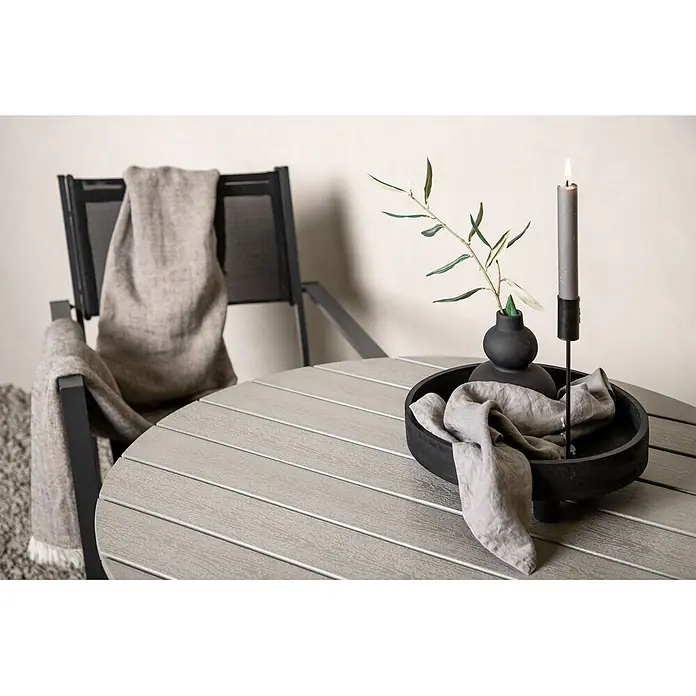 Ebuy24 Gartentisch rund Break - Ø x H: 90 x 74 cm, Aluminium, Weiß, Stapelbar - Grauer Lamellen-Gartentisch, ideal für Garten oder Terrasse.