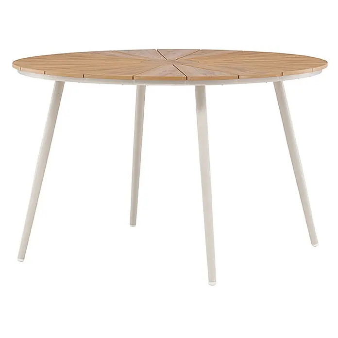 Ebuy24 Gartentisch rund San Vito - Ø x H: 120 x 74 cm, AluminiumSperrholz, Beige, Stapelbar - Runder Tisch mit heller Holzplatte, strahlenförmig angeordneten Latten und weißen konischen Beinen.