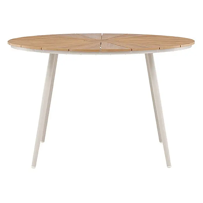 Ebuy24 Gartentisch rund San Vito - Ø x H: 120 x 74 cm, AluminiumSperrholz, Beige, Stapelbar - Runder Esstisch mit radial gemusterter Holzlattenplatte und vier hellen Beinen.