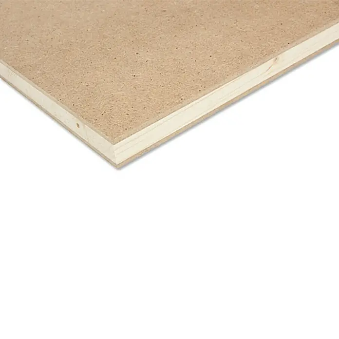 Tischlerplatte nach Maß - Holzmix, L x B: 2.800 x 2.070 mm, Stärke: 16 mm - Nahaufnahme einer hellbraunen, unbehandelten MDF-Platte mit einer hellen Holzumrandung, die die Materialbeschaffenheit und Textur hervorhebt.