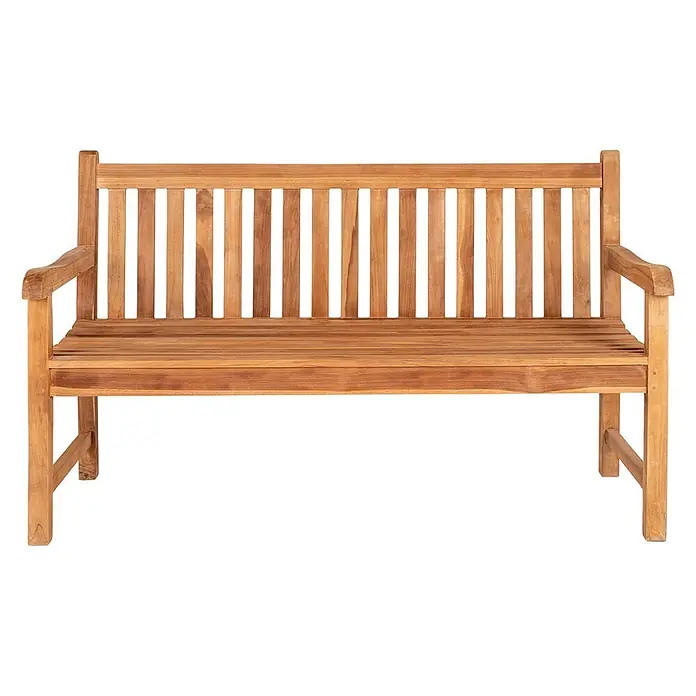 Ebuy24 Gartenbank Cabo - B x T x H: 150 x 150 x 92 cm, Teak., Holz - Eine robuste Gartenbank aus Holz mit Lattenrückenlehne, Sitzfläche und geschwungenen Armlehnen.