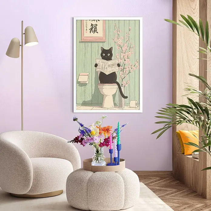 Reinders Bild Modern Frame White - Japandi Toilet Cat, B x H: 50 x 70 cm - Ein gerahmter Druck zeigt eine schwarze Katze, die auf einer Toilette Zeitung liest, umgeben von Kirschblüten, an einer lavendelfarbenen Wand in einem modernen Wohnraum.