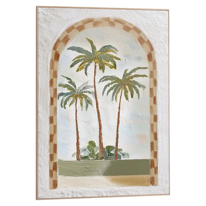 Reinders Bild Slim Frame Wood - Palm Trio View, B x H: 50 x 70 cm - Gerahmtes Bild: drei Palmen durch ein Bogenfenster, heller Holzrahmen.