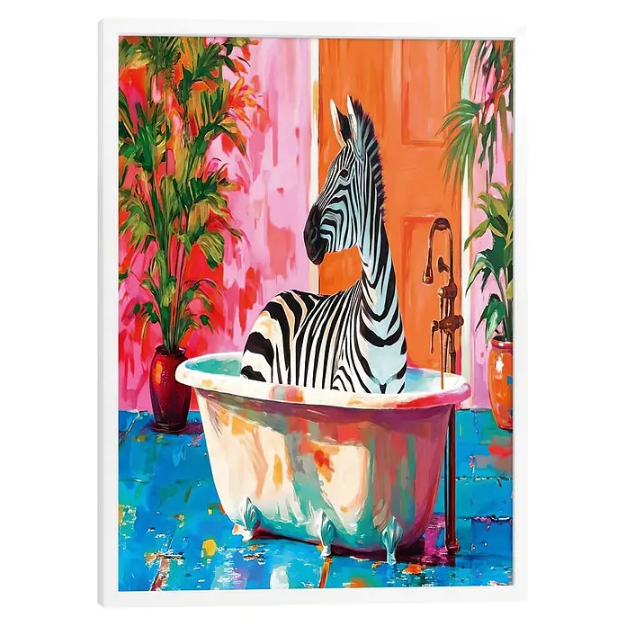 Reinders Bild Modern Frame White - Zebra Bath, B x H: 50 x 70 cm - Gemälde eines Zebras in einer Badewanne mit lebendigen Farben, rosa Wänden und Pflanzen.