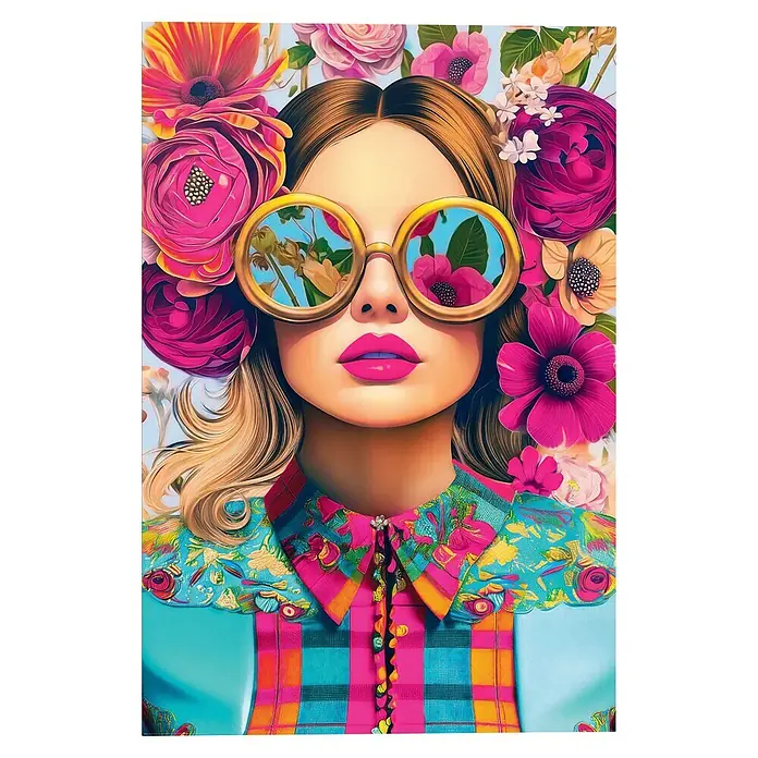 Reinders Decopanel - Brilliant Girl, B x H: 60 x 90 cm - Stilisiertes Porträt einer Frau mit pinken Lippen, goldener Brille, die Blumen reflektiert, umgeben von Blüten und in einem bunten Hemd.