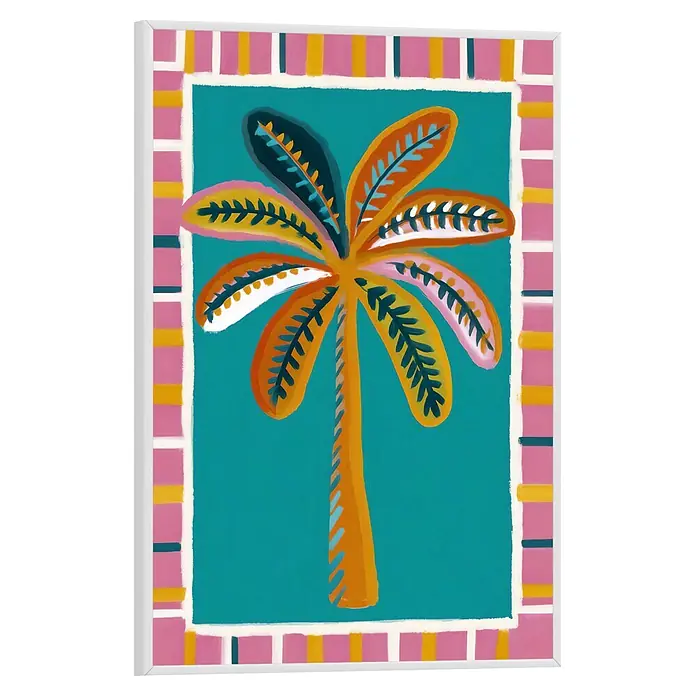Reinders Bild Slim Frame White - Colorful Palmtree, B x H: 20 x 30 cm - Buntes gerahmtes Kunstwerk mit abstrakter Palme auf Türkis und gestreiftem Rand in Pink, Gelb, Blau.