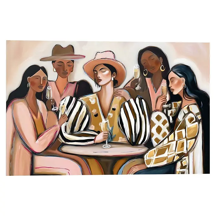 Reinders Decopanel - Party People, B x H: 60 x 90 cm - Stilisiertes Gemälde: fünf Frauen in gemusterter Kleidung, einige in Hüten, teilen Getränke an einem Tisch.