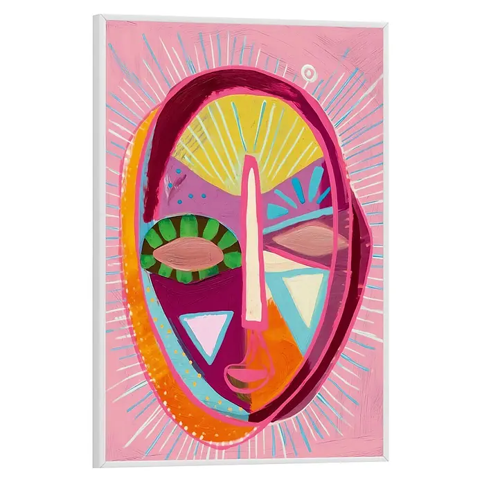 Reinders Bild Slim Frame White - Trendy Mask, B x H: 20 x 30 cm - Lebhaftes, abstraktes Gemälde eines stilisierten Gesichts/einer Maske mit kräftigen Pinselstrichen in Pink, Gelb, Lila, Orange, Blau und Grün, weiß gerahmt.