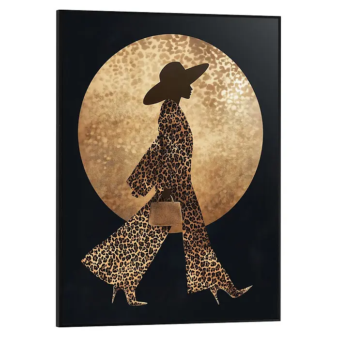 Reinders Bild Slim Frame Black - Walking Lady, B x H: 30 x 40 cm - Schwarze Leinwandkunst: goldene Leopardmuster-Frauensilhouette mit Hut und Tasche, vor strukturiertem Goldkreis.