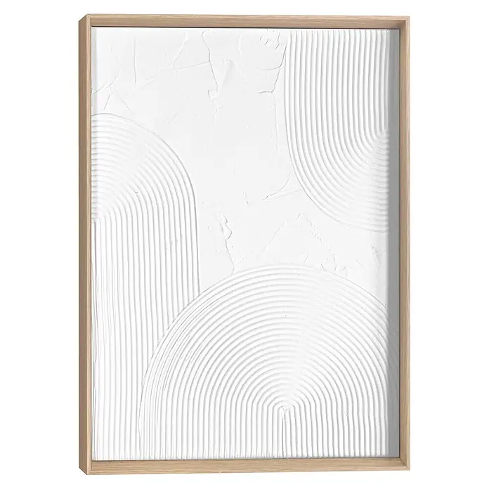 Reinders Bild Craft Art - Thin Comb, B x H: 30 x 40 cm - Weißes Texturbild mit Bogenreliefmustern in hellem Holzrahmen.