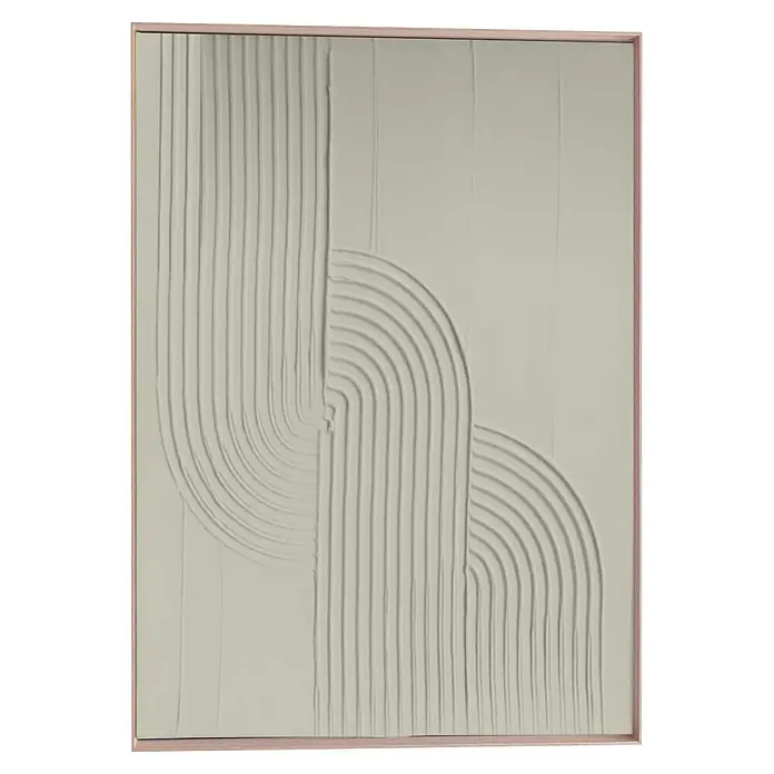 Reinders Bild Craft Art - Knot, B x H: 50 x 70 cm - Geprägte, strukturierte Wandkunst in hellem Beige-Grün mit geometrischen Linien und Bögen, gerahmt in hellem Holz.