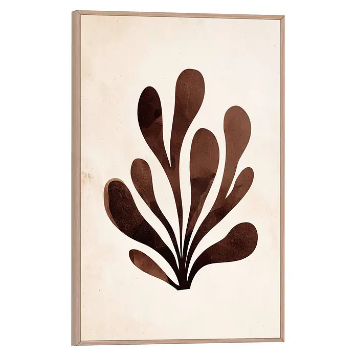 Reinders Bild Slim Frame Wood - Organics, B x H: 20 x 30 cm - Gerahmter Kunstdruck mit minimalistischem braunem organischem Blattmuster auf cremefarbenem Hintergrund und hellem Holzrahmen.