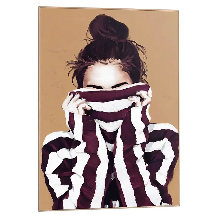 Reinders Bild Slim Frame Wood - Hiding, B x H: 50 x 70 cm - Gemälde einer Person in einem dunkelroten und weiß gestreiften Pullover, die ihr Gesicht damit bedeckt und nur die Augen zeigt.