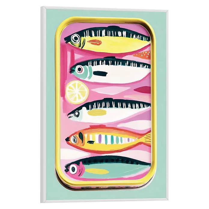 Reinders Bild Slim Frame White - Sardines, B x H: 20 x 30 cm - Gerahmtes Kunstwerk bunter Sardinen in einer gelben Dose mit rosa Hintergrund und Zitronenscheibe.