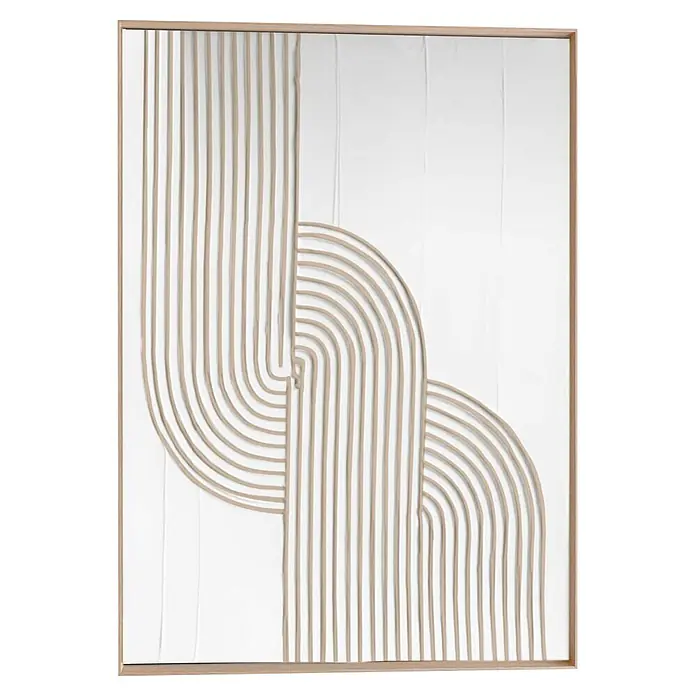 Reinders Bild Craft Art - Strong, B x H: 50 x 70 cm - Gerahmte abstrakte Wandkunst mit erhabenen beigen linearen Mustern, die vertikale Streifen und Bögen auf weißer Textur bilden.