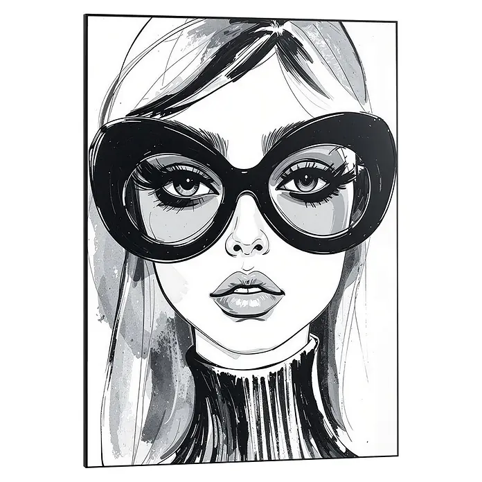 Reinders Bild Slim Frame Black - Fashion Glasses, B x H: 50 x 70 cm - Monochromes Pop-Art-Bild einer Frau mit überdimensionierter ovaler Sonnenbrille, langen Haaren und Rollkragen.