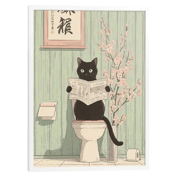 Reinders Bild Modern Frame White - Japandi Toilet Cat, B x H: 50 x 70 cm - Schwarze Katze sitzt auf Toilette und liest Zeitung, umgeben von Kirschblüten und japanischer Kunst.