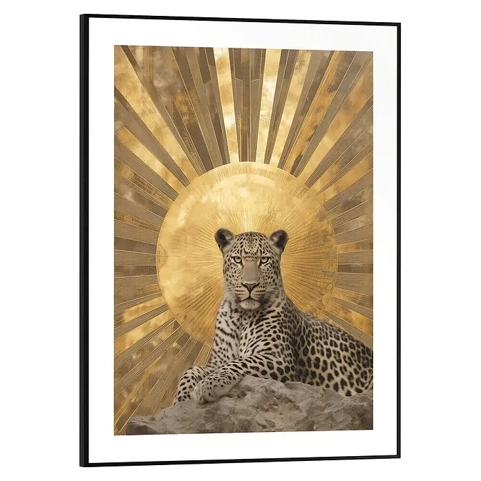 Reinders Bild Slim Frame Black - Golden Guardian, B x H: 30 x 40 cm - Schwarz gerahmtes Bild mit majestätischem Leoparden vor goldenem Sonnenstrahlenhintergrund.