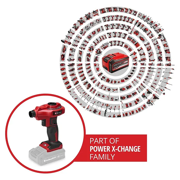 Einhell Power X-Change 18V Akku-Luftpumpe CE-AP 18 Li-Solo - 18 V, Ohne Akku, Füllleistung: 670 l/min - Rote und schwarze Einhell Power X-Change Akku-Luftpumpe/Inflator mit Akku, als Teil einer Werkzeugfamilie.