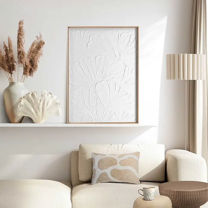 Reinders Bild Craft Art - Flowers, B x H: 50 x 70 cm - Weißer Struktur-Reliefkunstdruck mit organischen Mustern, in hellem Holzrahmen.