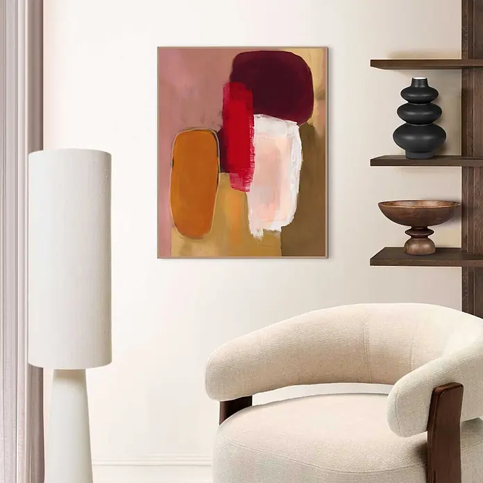 Reinders Bild Slim Frame Wood - Warm Abstract II, B x H: 40 x 50 cm - Abstraktes Gemälde mit kräftigen roten, burgunderroten, orangen und weißen Formen an einer hellen Wand.
