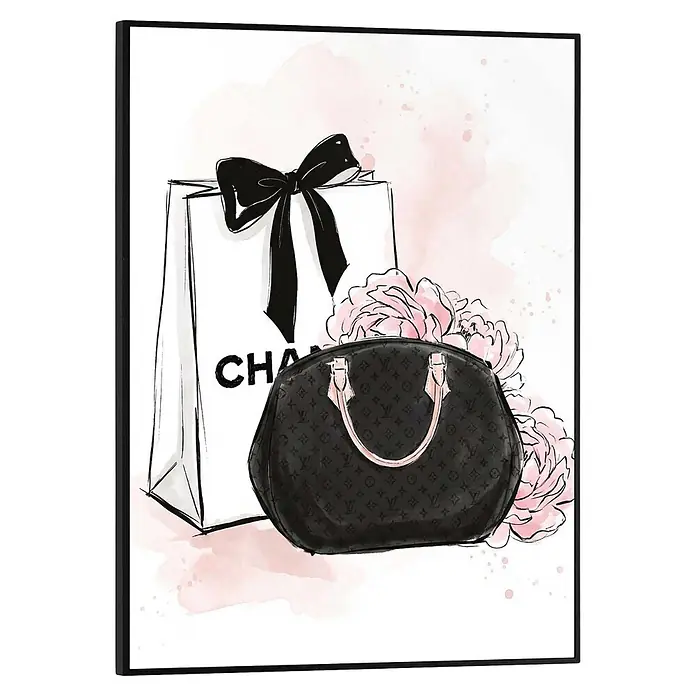 Reinders Bild Slim Frame Black - Fashion Bags, B x H: 30 x 40 cm - Illustration einer schwarzen gemusterten Handtasche neben einer weißen Einkaufstasche mit schwarzer Schleife und rosa Blumen.