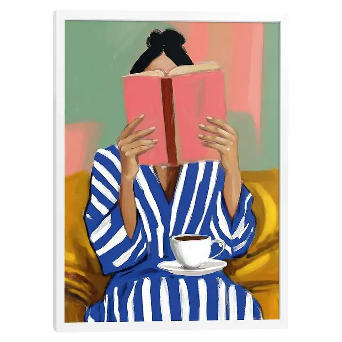 Reinders Bild Modern Frame White - Coffee Break, B x H: 50 x 70 cm - Gerahmtes Gemälde einer Person in blau-weiß gestreiftem Bademantel, die ein pinkes Buch liest und Kaffee trinkt. Weißer Rahmen.