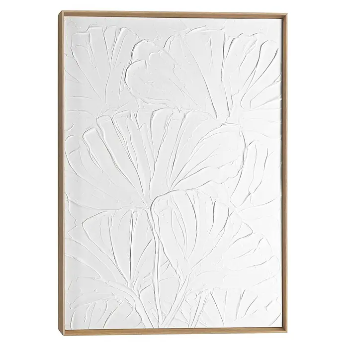 Reinders Bild Craft Art - Flowers, B x H: 50 x 70 cm - Weißes, strukturiertes Abstraktbild mit organischem, blattähnlichem Relief und hellem Holzrahmen.