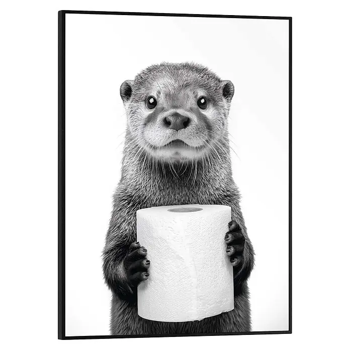 Reinders Bild Slim Frame Black - Holdem, B x H: 30 x 40 cm - Gerahmter Schwarz-Weiß-Kunstdruck eines Otters mit Toilettenpapierrolle.