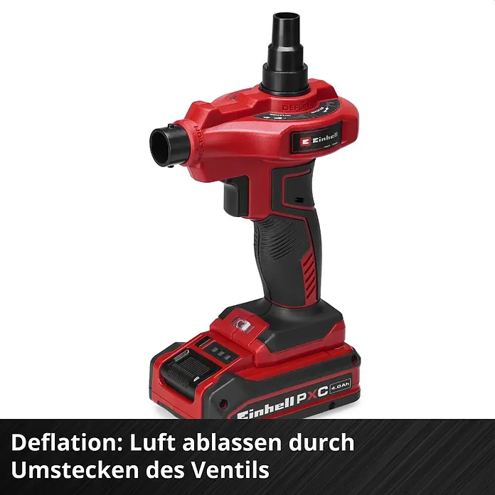 Einhell Power X-Change 18V Akku-Luftpumpe CE-AP 18 Li-Solo - 18 V, Ohne Akku, Füllleistung: 670 l/min - Rotes und schwarzes Einhell PXC Akku-Inflator/Deflator-Gerät mit 4.0Ah Akku, Ventil zum Entlüften umgesteckt.