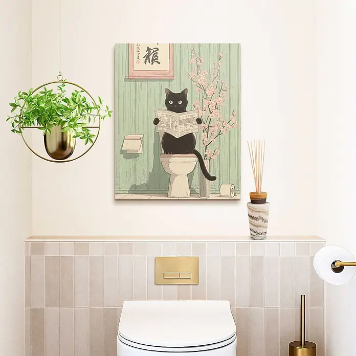Reinders Decopanel - Japandi Toilet Cat, B x H: 40 x 50 cm - Humorvoller Leinwanddruck mit schwarzer Katze auf Toilette Zeitung lesend, umgeben von Kirschblüten, in einem modernen Badezimmer.