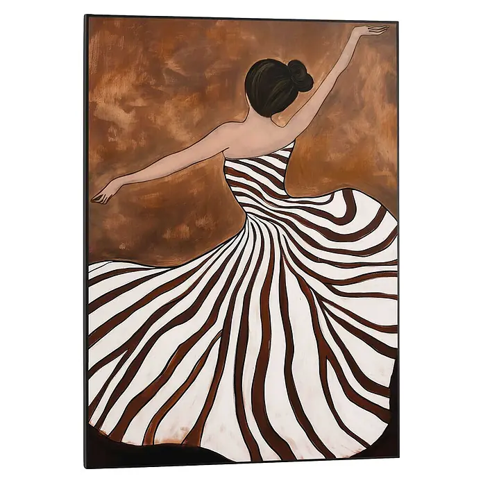 Reinders Bild Slim Frame Black - Dancing Lady Dress, B x H: 50 x 70 cm - Gemälde einer Frau von hinten in einem braun-weiß gestreiften Kleid mit ausgestreckten Armen.