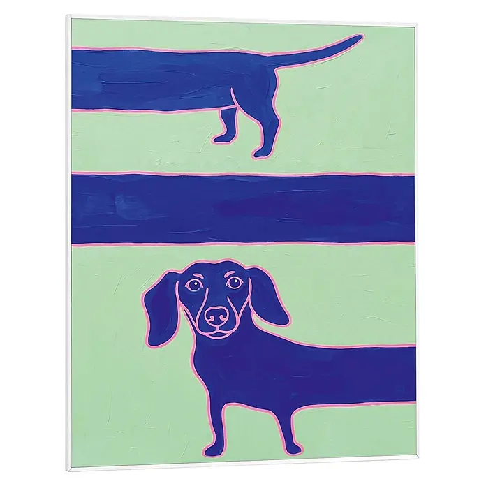 Reinders Bild Slim Frame White - Long Dachshund, B x H: 40 x 50 cm - Stilisiertes Gemälde zeigt dunkelblaue Dackel mit rosa Umrandung auf hellgrünem Untergrund, getrennt durch blaue Streifen.