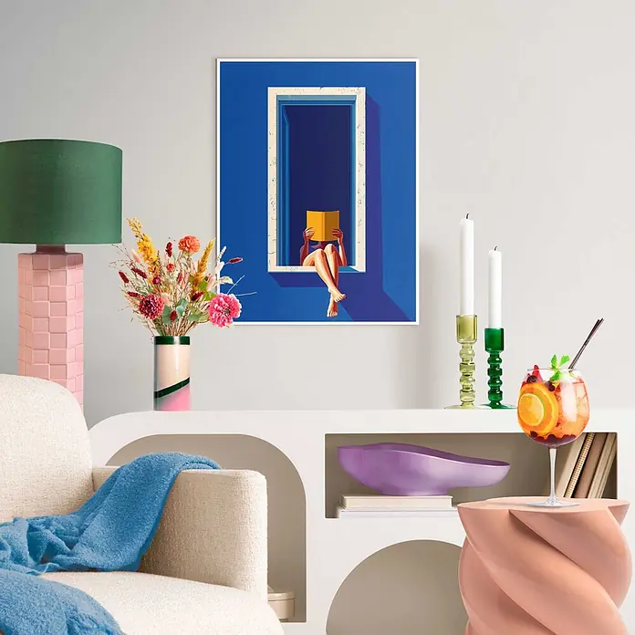 Reinders Bild Slim Frame White - Window Reading, B x H: 30 x 40 cm - Kunstdruck einer Person, die in einem blauen Fenster ein Buch liest, als Teil bunter Raumdekoration.